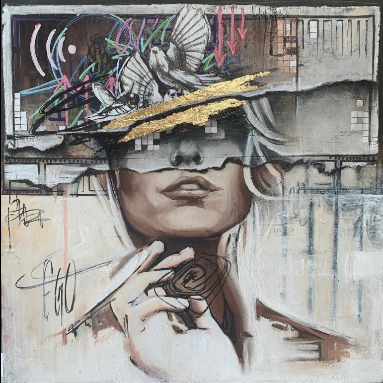 Half a women's face with gold, birds, and colorful doodles coming out of head and covering eyes