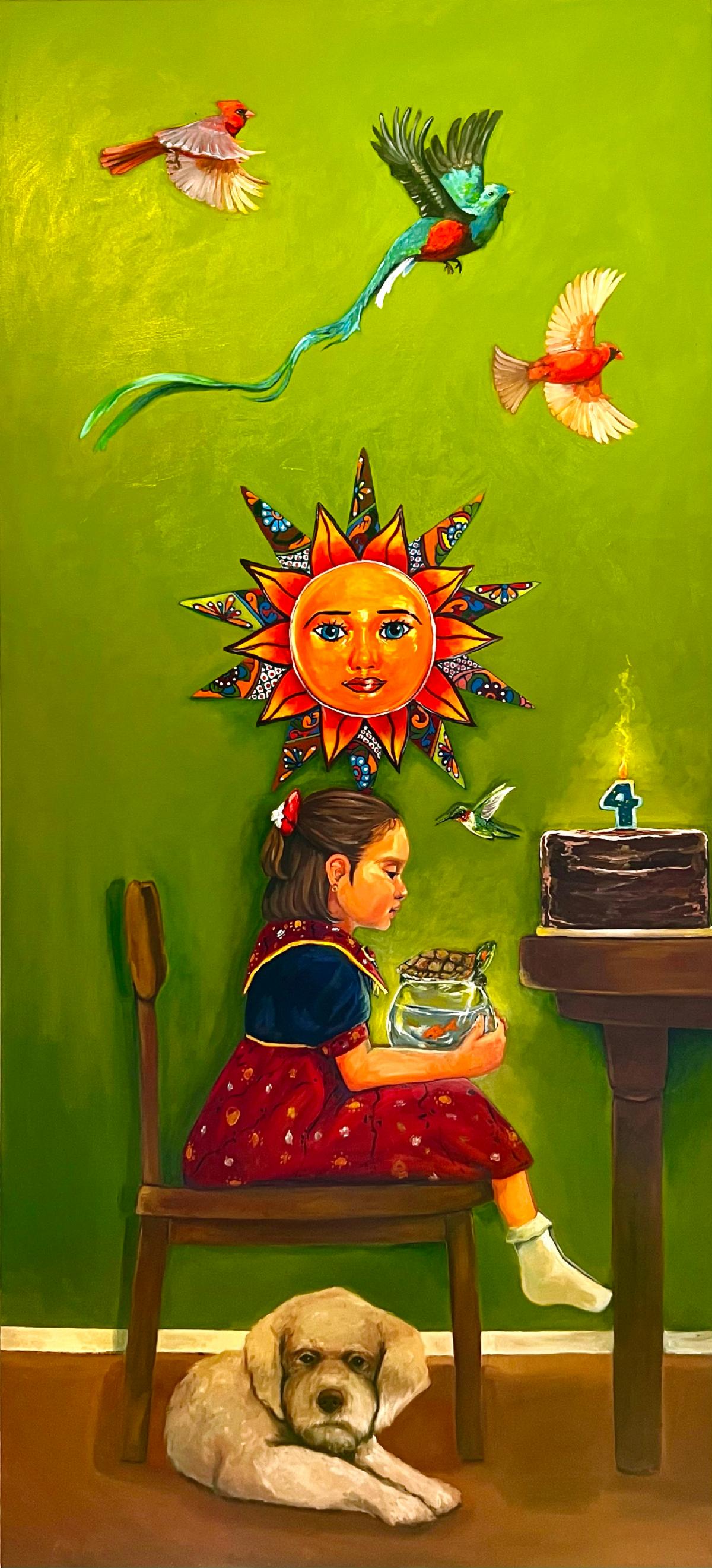 Painting of a young girl sitting at a table, a dog sits under her. 