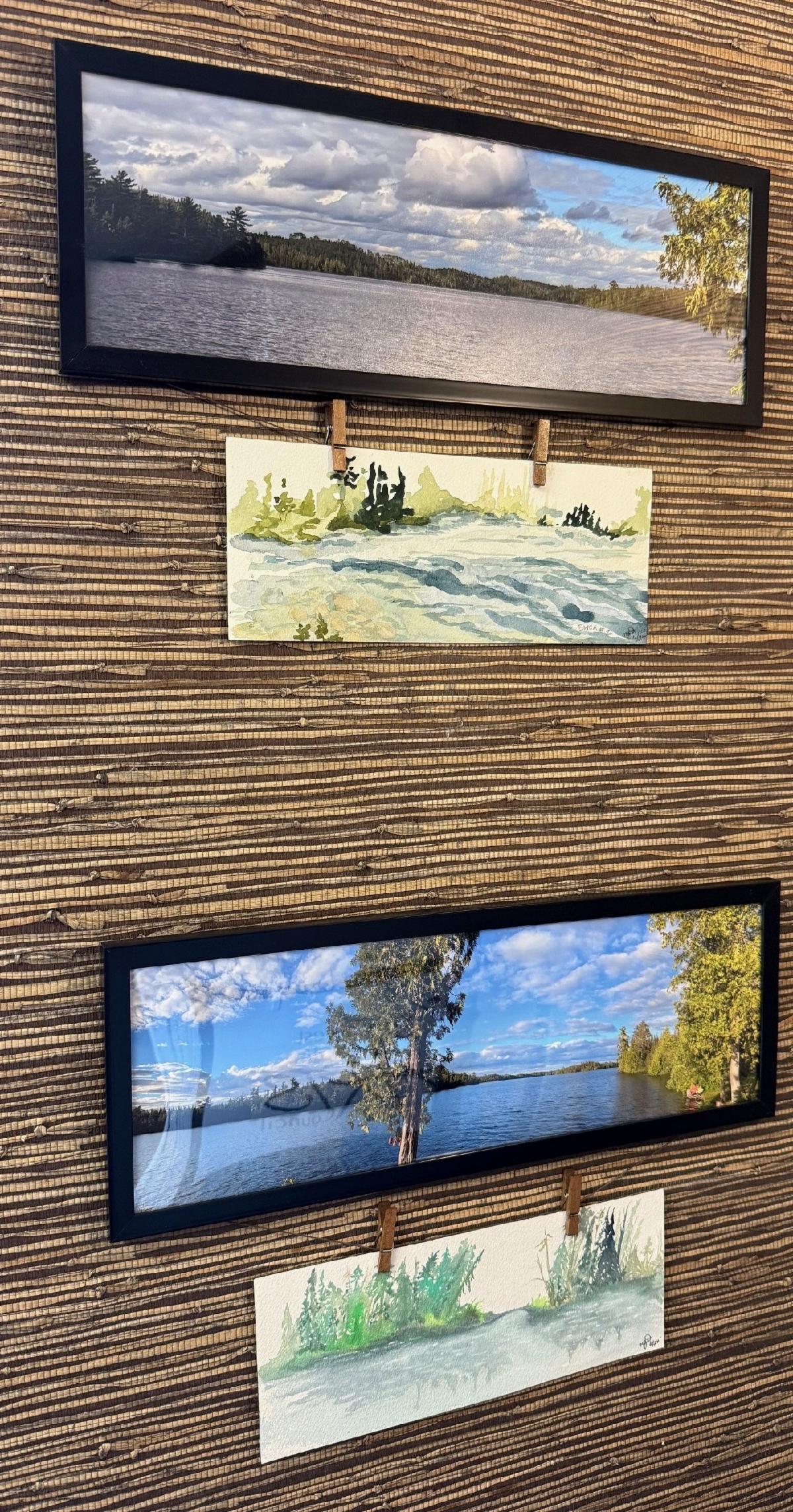 Two landscape photos with watercolor sketches underneath 