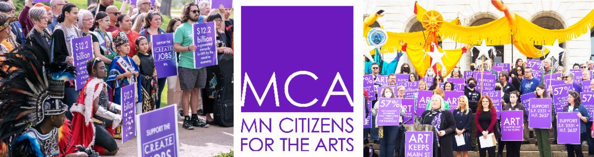 MN Citizens for the Arts logo in purple, flanked by photos of arts supporters with signs at the capitol