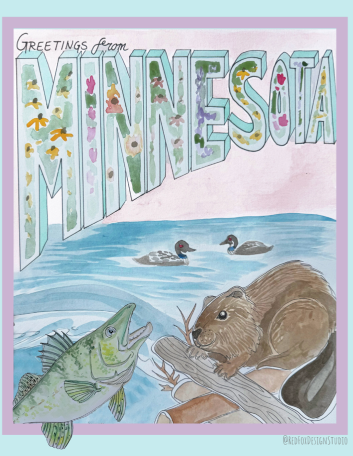 Greetings from Minnesota. Features illustration of loons fish and beaver in a lake