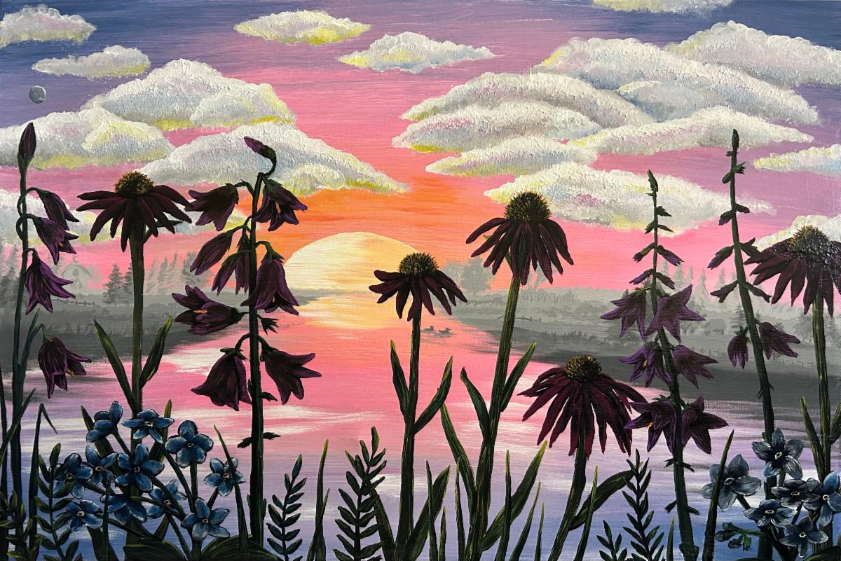 Sunrise painting with silhouettes of wild flowers