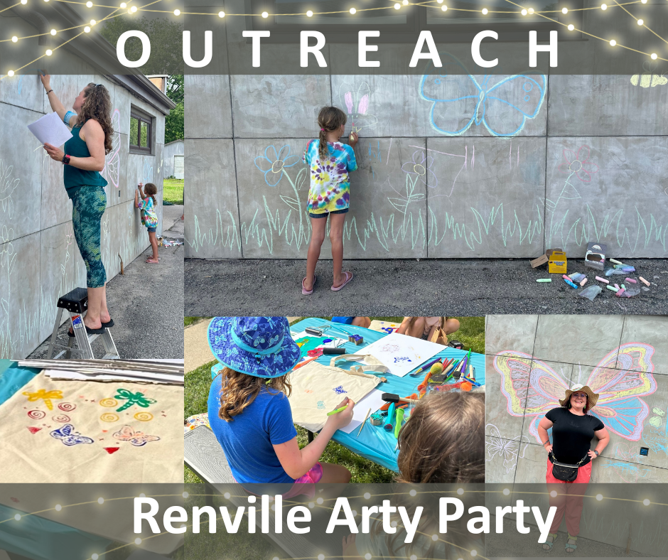 Outreach: Renville Arty Party. Collage of pictures from the event, including people making chalk art on an outside wall, kids stamping with paint on canvas bags and someone posing in front of butterfly chalk wings