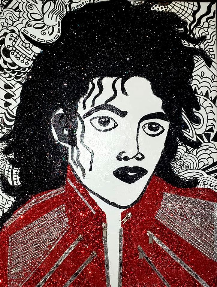 Stylized white and black acrylic portrait of Michael Jackson, with a red glitter jacket and zippers attached to the canvas
