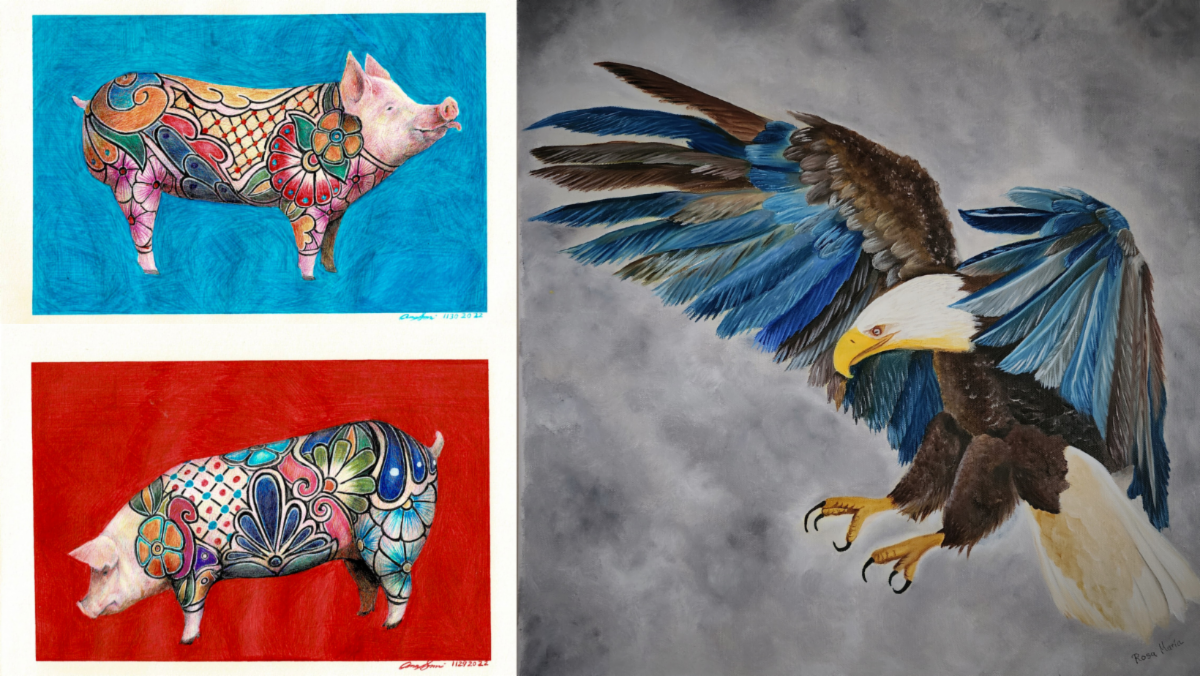 Painting of two pigs with ornate designs on them and an eagle flying
