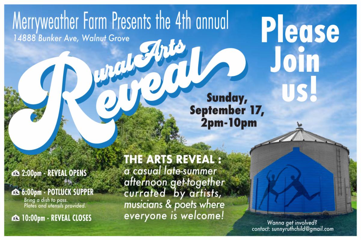 Poster for the Merryweather Farm's Rural Arts Reveal. Image shows a grove of trees with a grain bin with blue people dancing painted on it