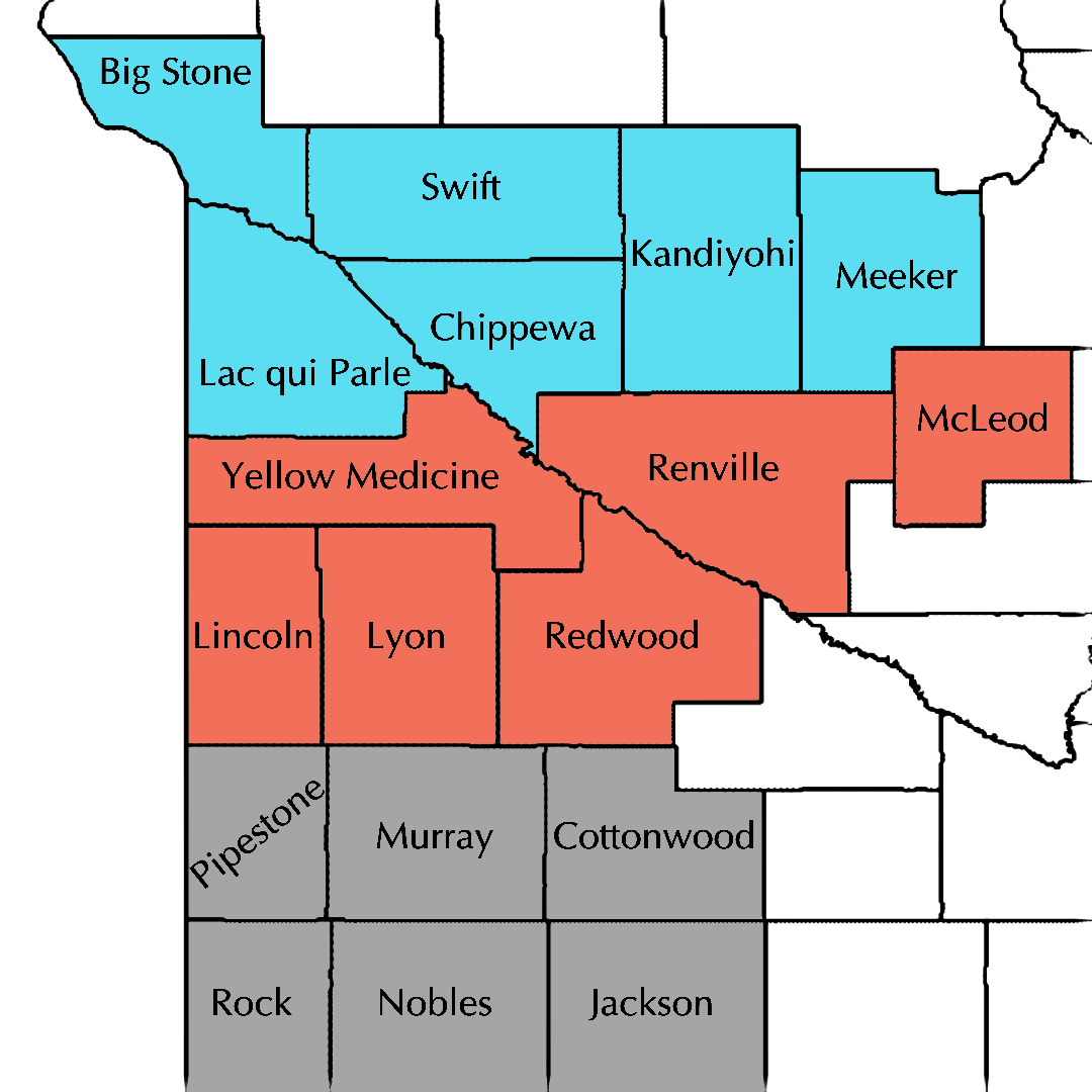 Map of all counties in SMAC's region. Color coded by section. North: Big Stone, Swift, Kandiyohi, Meeker, Lac qui Parle. Central: Yellow Medicine, Renville, McLeod, Lincoln, Lyon, Redwood. South: Pipestone, Murray, Cottonwood, Rock, Nobles, Jackson.