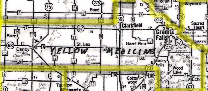 Yellow Medicine map with towns