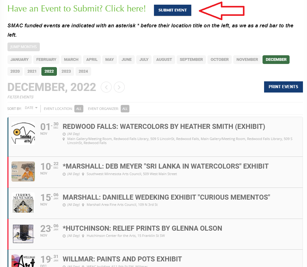 Screenshot of SMAC online calendar
