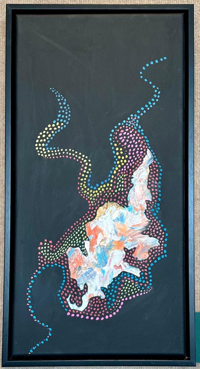 Abstract art of dots and landmass that resumes an island painted on black backdrop. Art by Agnes Alasgaard-Lien