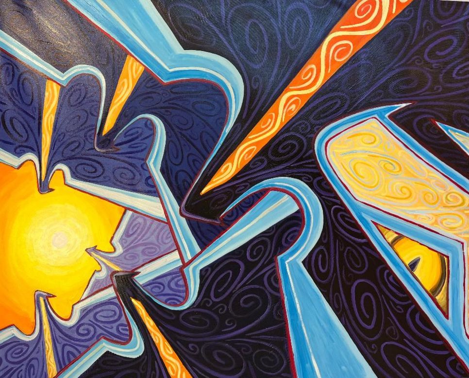Stylized colorful eagles and sun