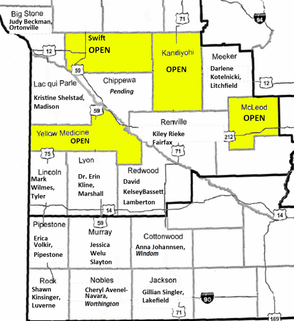 Map of region with open board seats highlighted in yellow