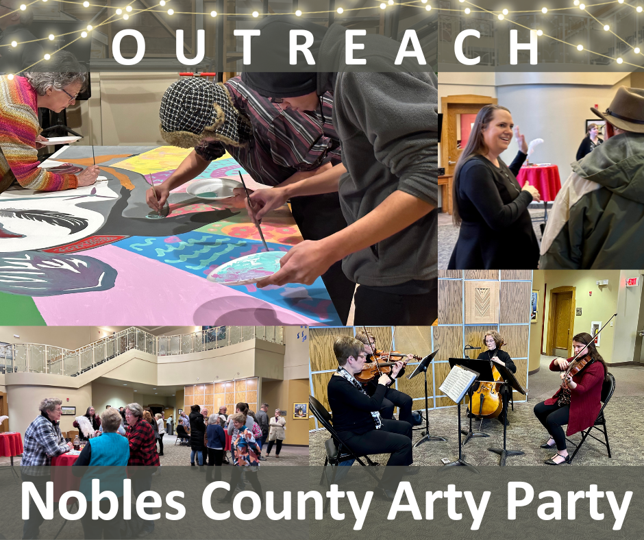 Collage of photos from the event, including string quartet, people networking, and painting on the community mural.