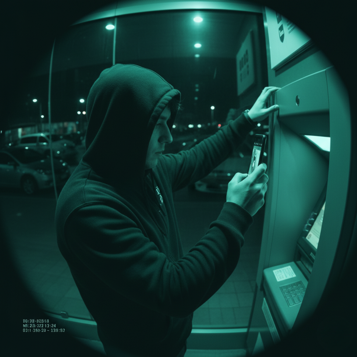 Hooded man holding a phone up in front of an ATM screen from the perspective of a security camera