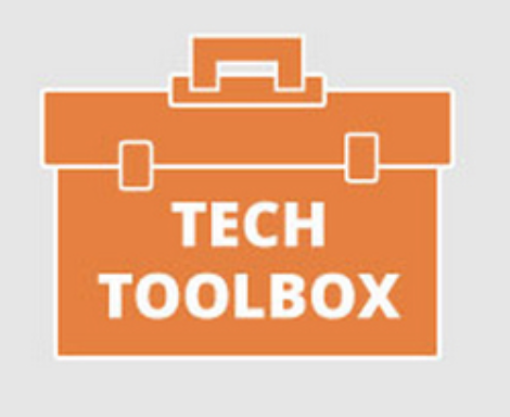 Graphic of orange toolbox with the words tech toolbox in white font