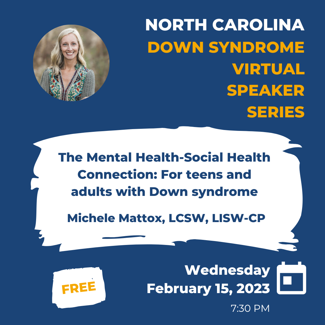 Small photo of Michele Mattox, blonde female smiling, in upper left corner with text detailing virtual speaker series title, date, and time