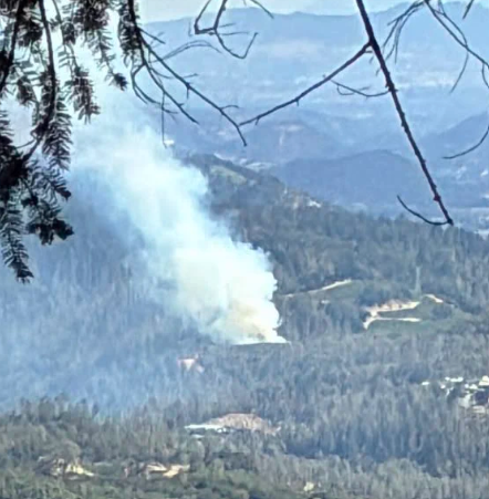Smoke rising from a vegetation fire in a wooded Napa Valley landscape.