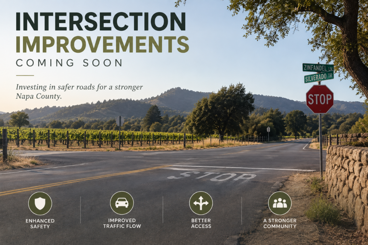 “Intersection Improvements Coming Soon” graphic showing a Napa Valley roadway intersection and information about planned safety improvements.