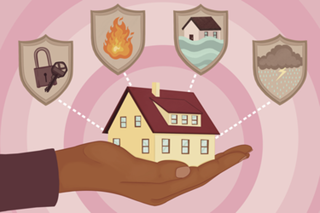 Illustration of a hand holding a house surrounded by shield icons representing home insurance protection.