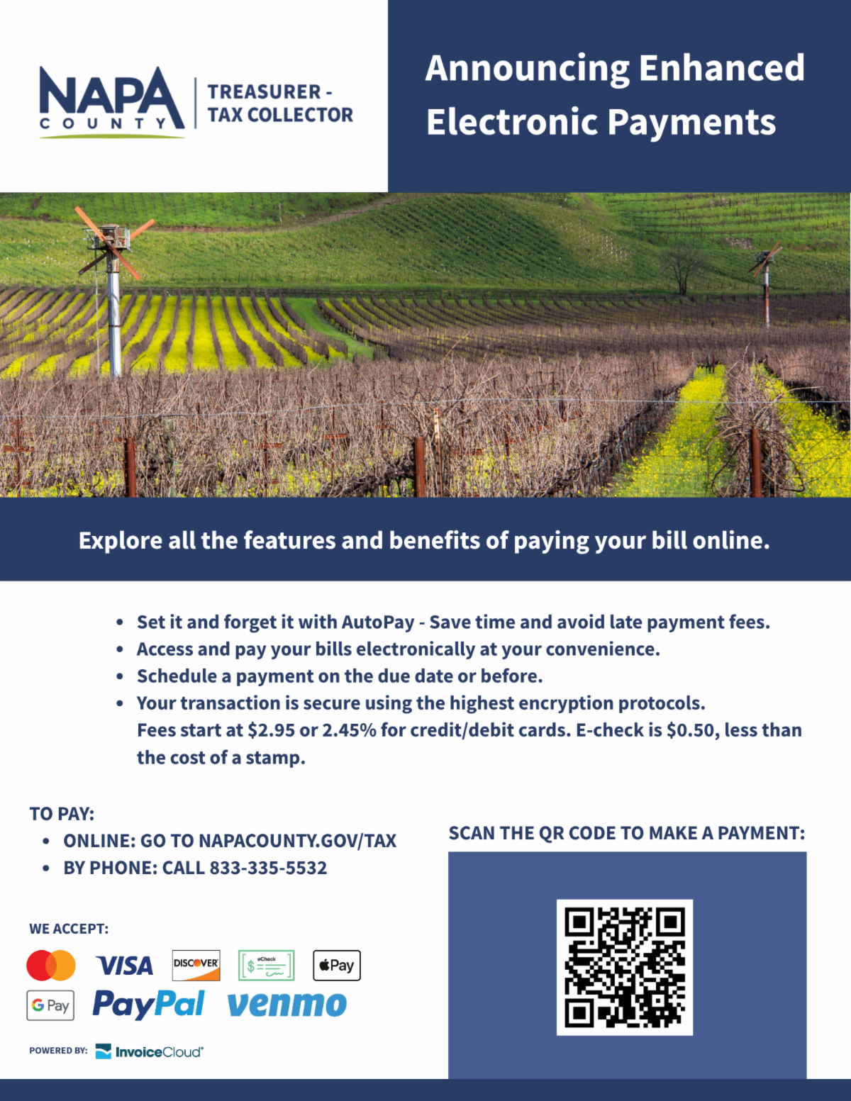 Napa County Treasurer-Tax Collector graphic promoting enhanced electronic property tax payments, with a vineyard image, payment information and a QR code.