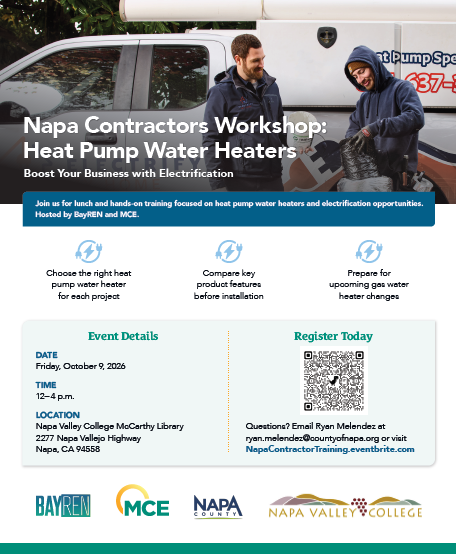 Promotional flyer for a Napa Contractors Workshop on heat pump water heaters, featuring contractors working near a vehicle and information about the October 9 training.