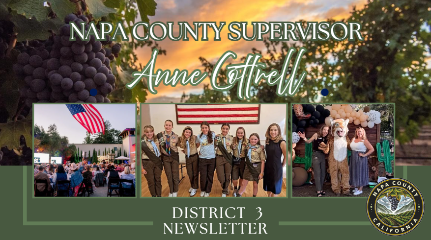 Collage featuring Napa County vineyards and community photos, with the Napa County seal and the title “District 3 Newsletter” for Supervisor Anne Cottrell.