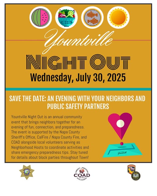 Infographic displaying the words Yountville Night Out happening July 30 2025
