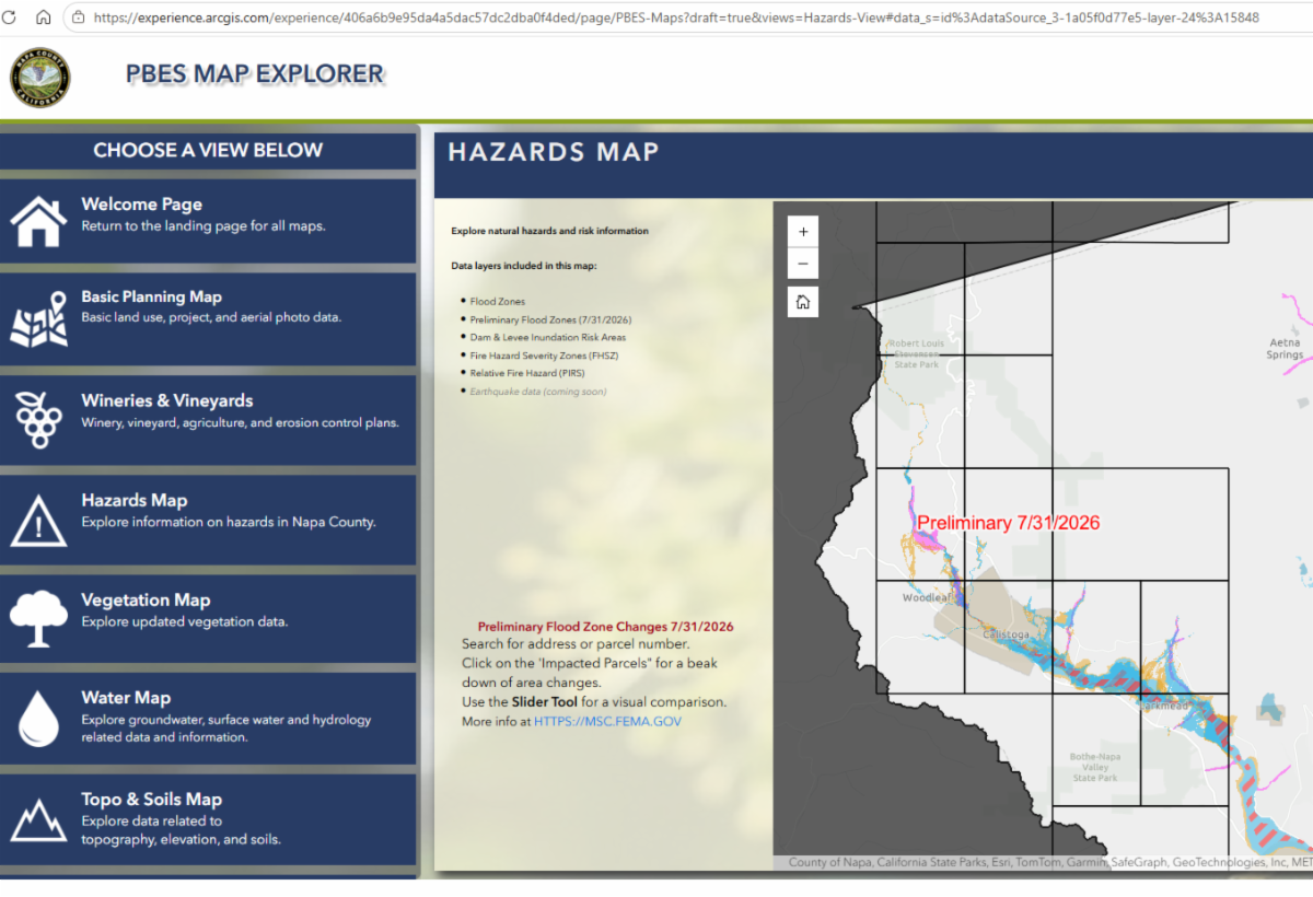 Screenshot of FEMA’s flood map explorer showing preliminary flood hazard areas in the Calistoga area.