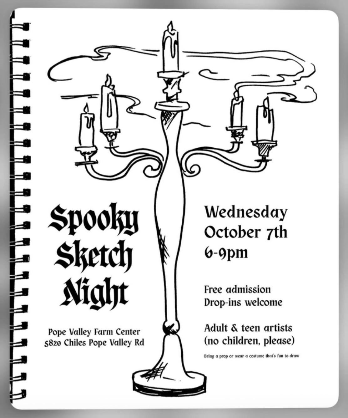 Illustrated promotional flyer for Spooky Sketch Night featuring a candlelit candelabra and event information.