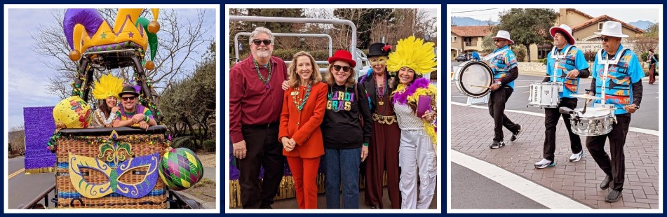 Three photos of the Mardi Gras parade.  Photo 1. Man & woman positioned inside of a hot air balloon dressed in colorful costume.  Photo 2. Five city/county representatives pose infront of a parade float.  Photo 3.  Three drummers dressed in colorful costume walking in the parade. 