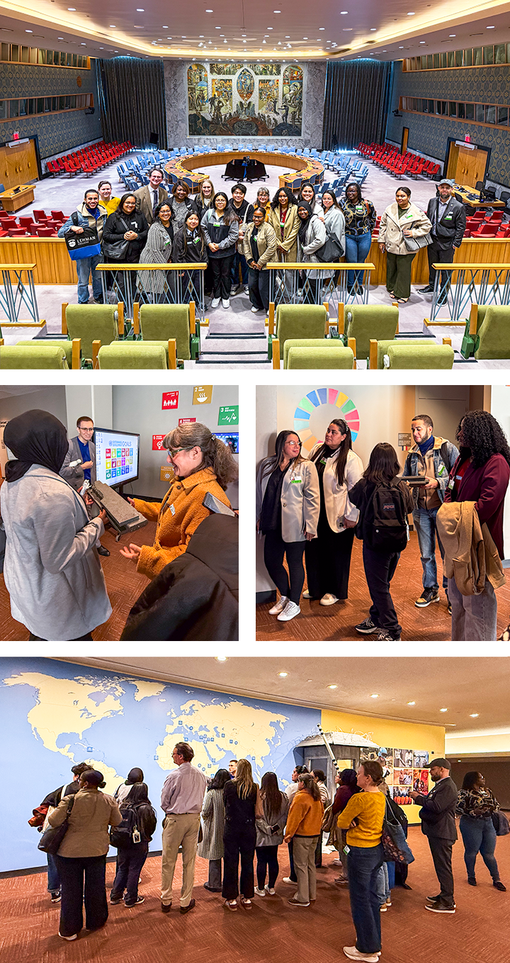 Collage of Photos of group at UN including giant map and conference hall