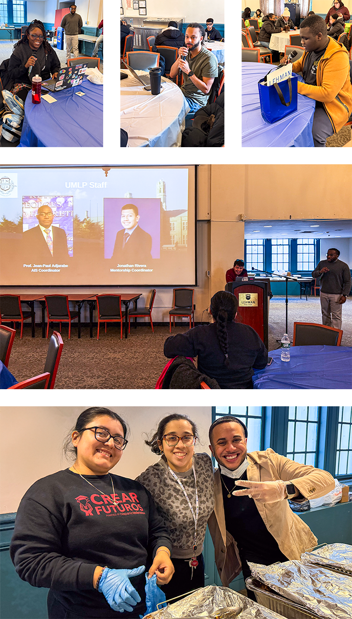 Collage of event images including powerpoint presentation and students at seats
