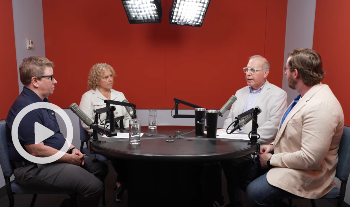 Associate Professor Sean Stein Smith and Clinical Professor Andy Gold speak with Dayna Maniccia and Kim Fredericks of New York State Technology Enterprise Corporation 