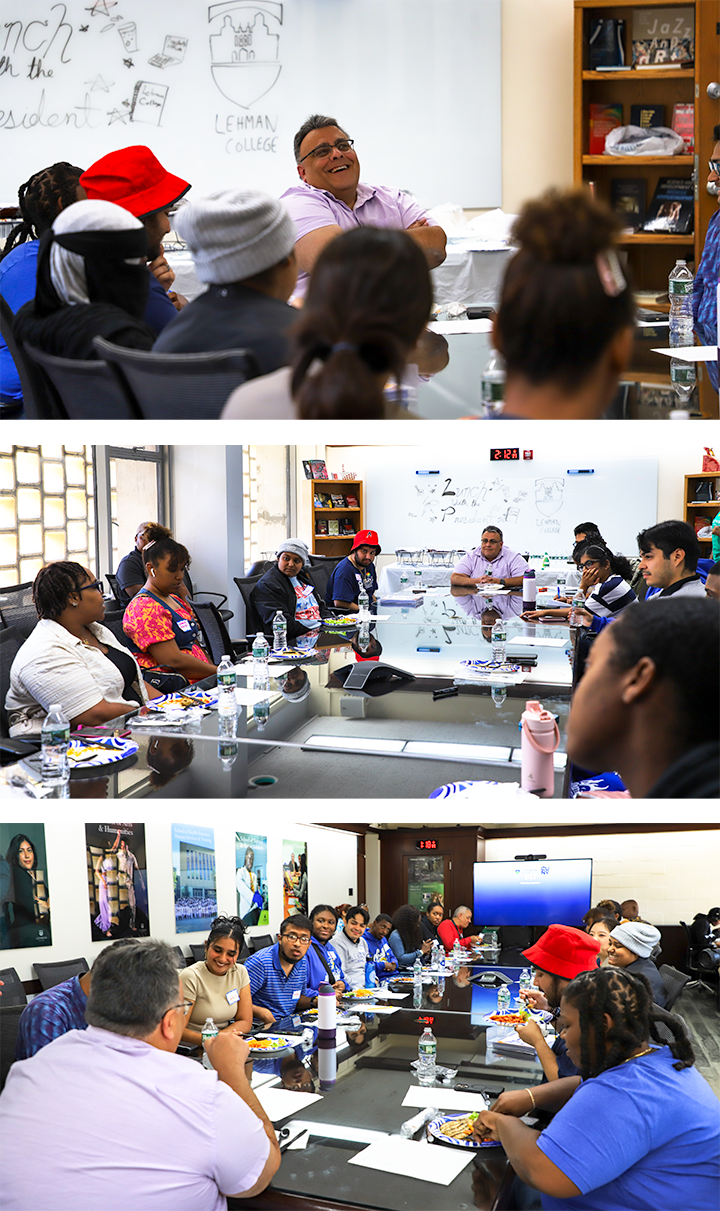 Collage of president Delgado and students having lunch