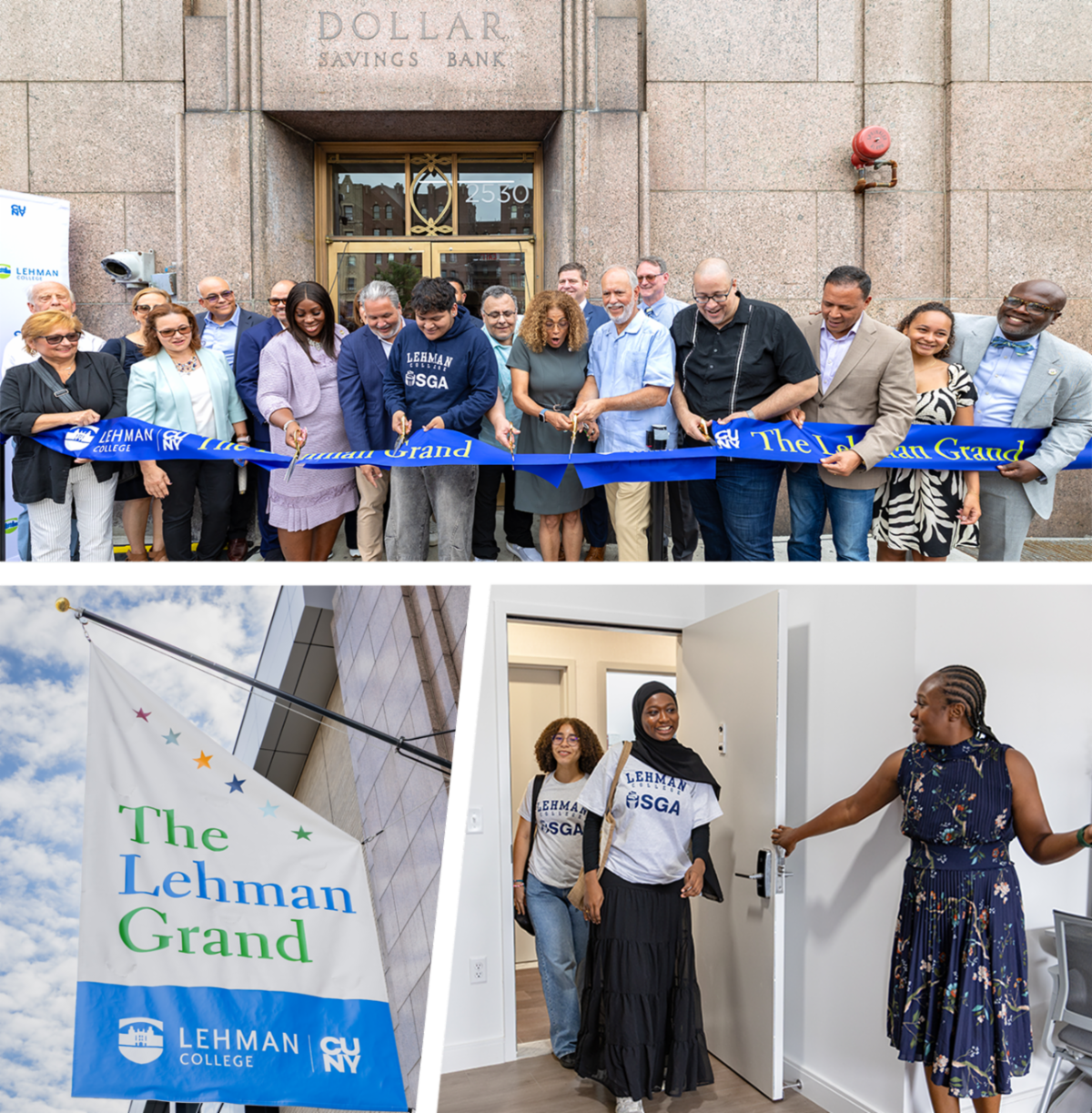 Collage of Lehman Grand Dorm ribbon cutting, the Lehman Grand Flag, and Kiana Bonner, resident life director opening dorm room door for students