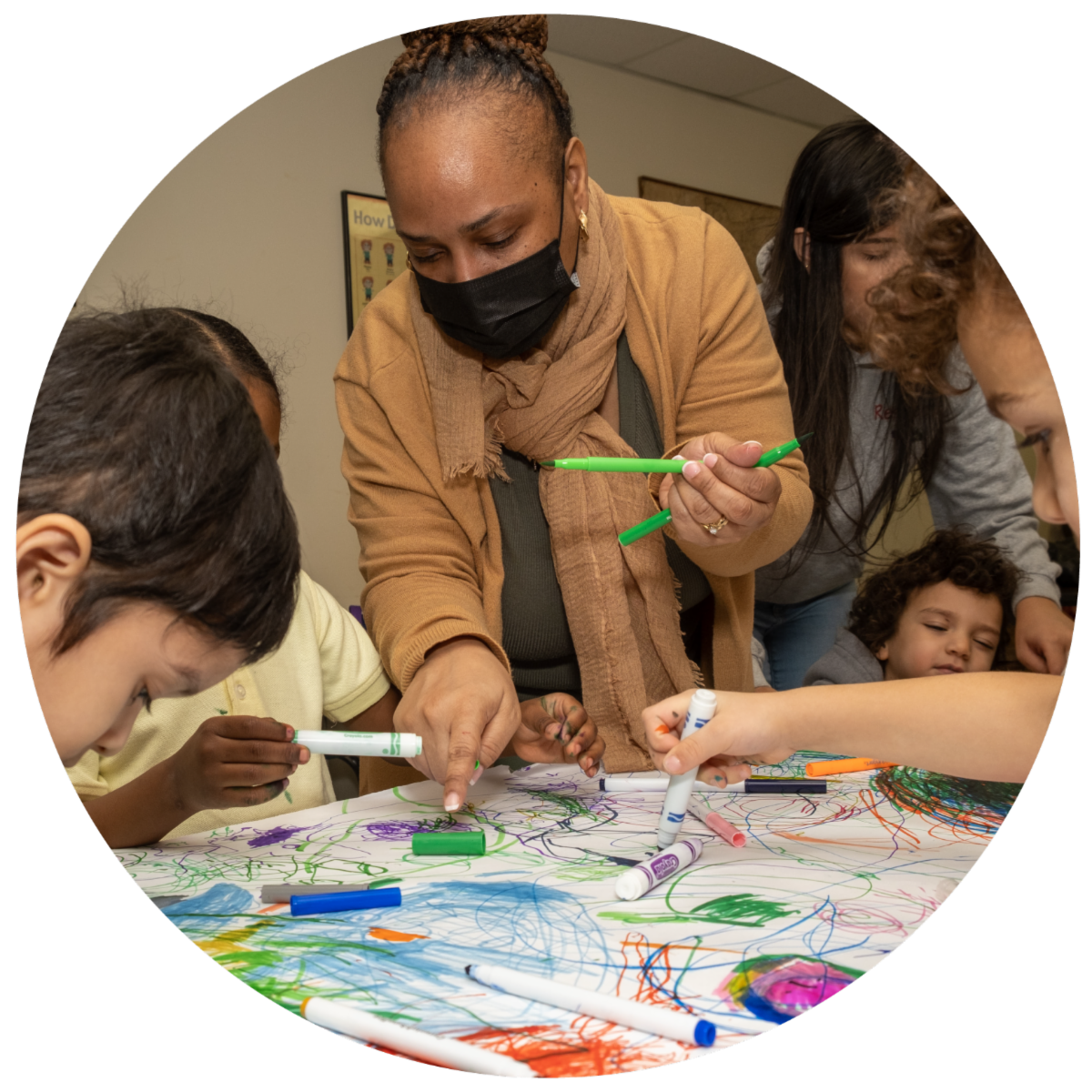 Elementary school teacher with students coloring