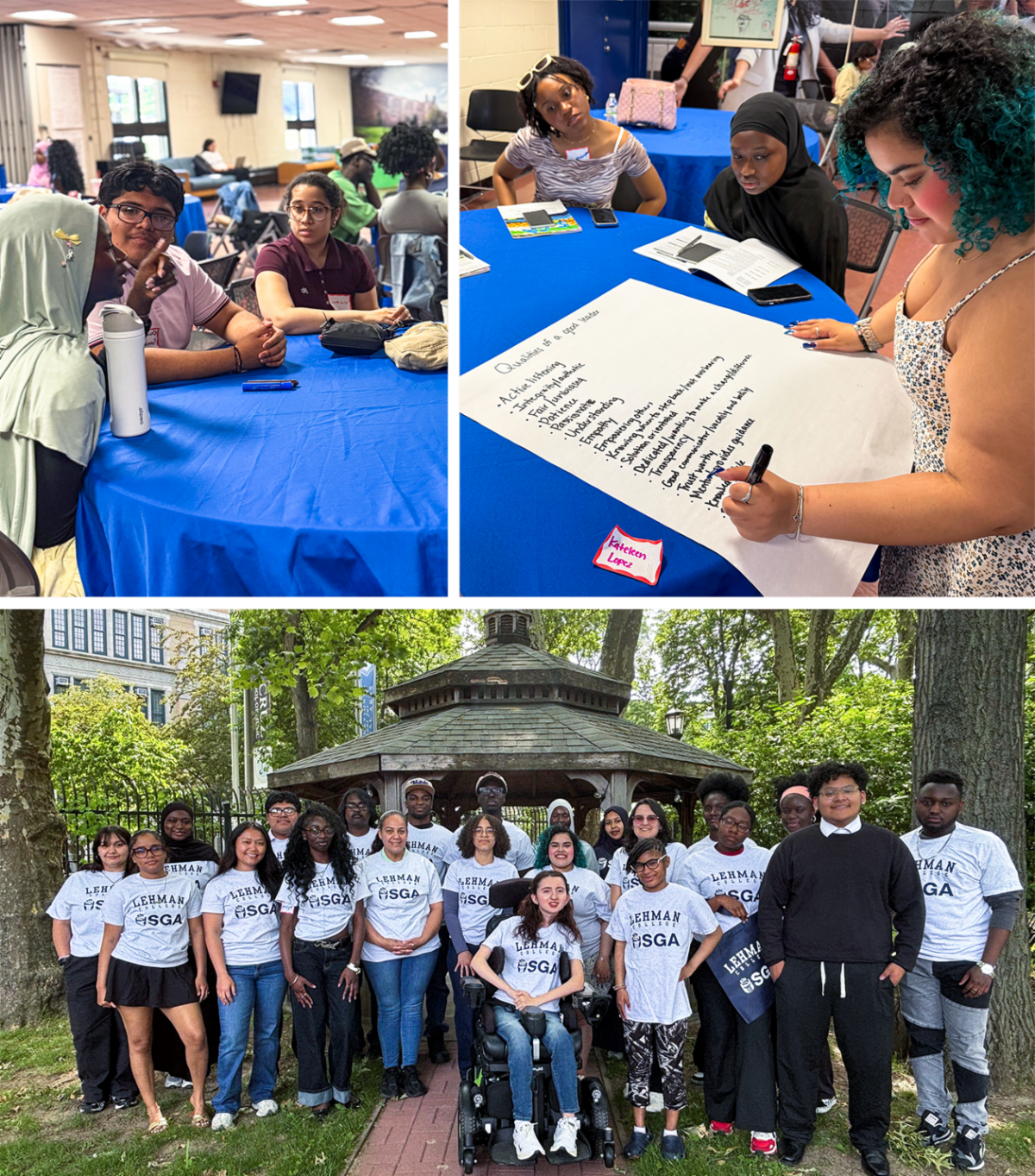 Collage of SGA student leaders and workshop and also in a group posed photo outside Lehman campus.