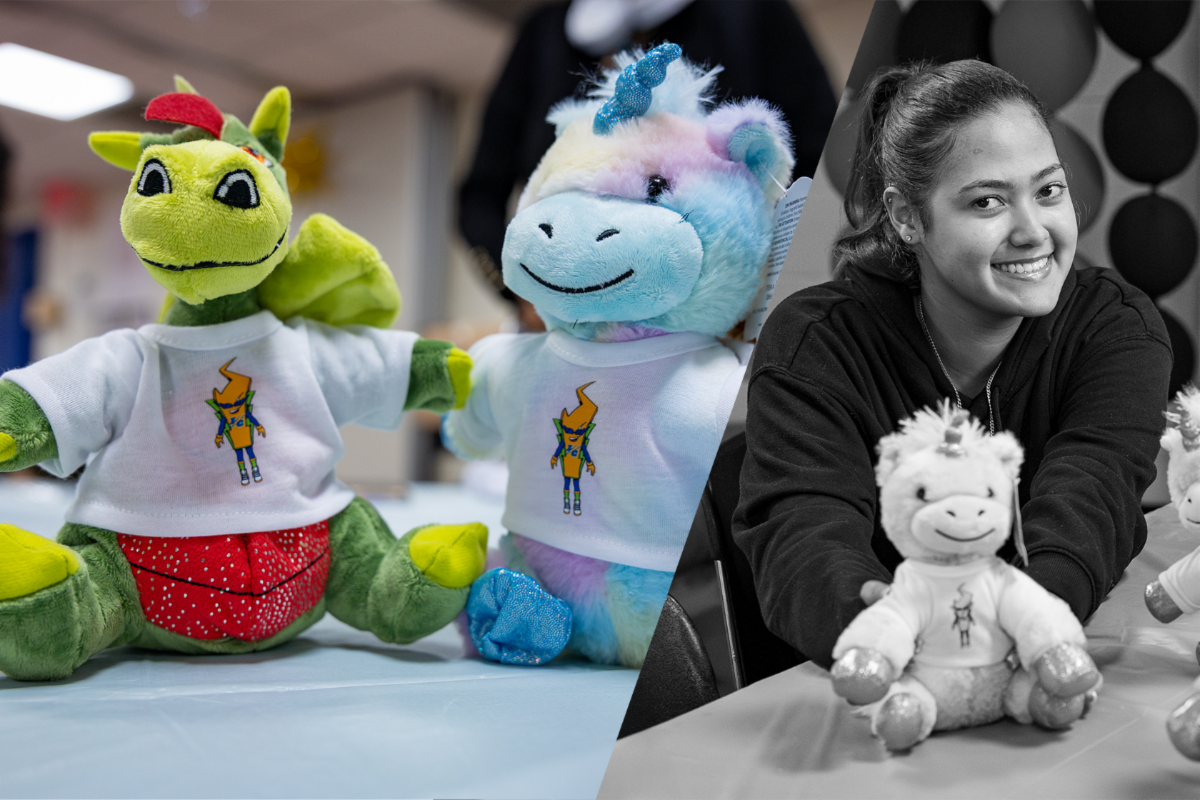 Color and black-and-white collage of a female student with a stuffed dragon and unicorn both wearing El Rayo t-shirts