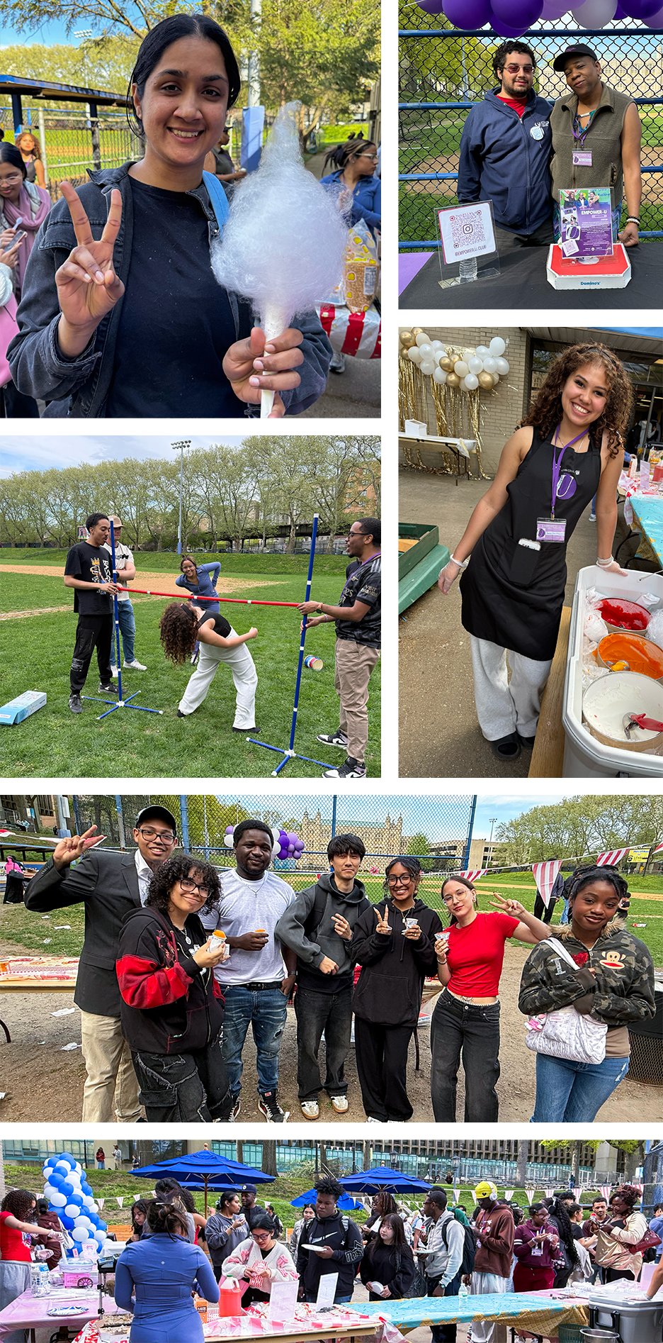 Collage of students with cotton candy doing limbo and outdoor fun