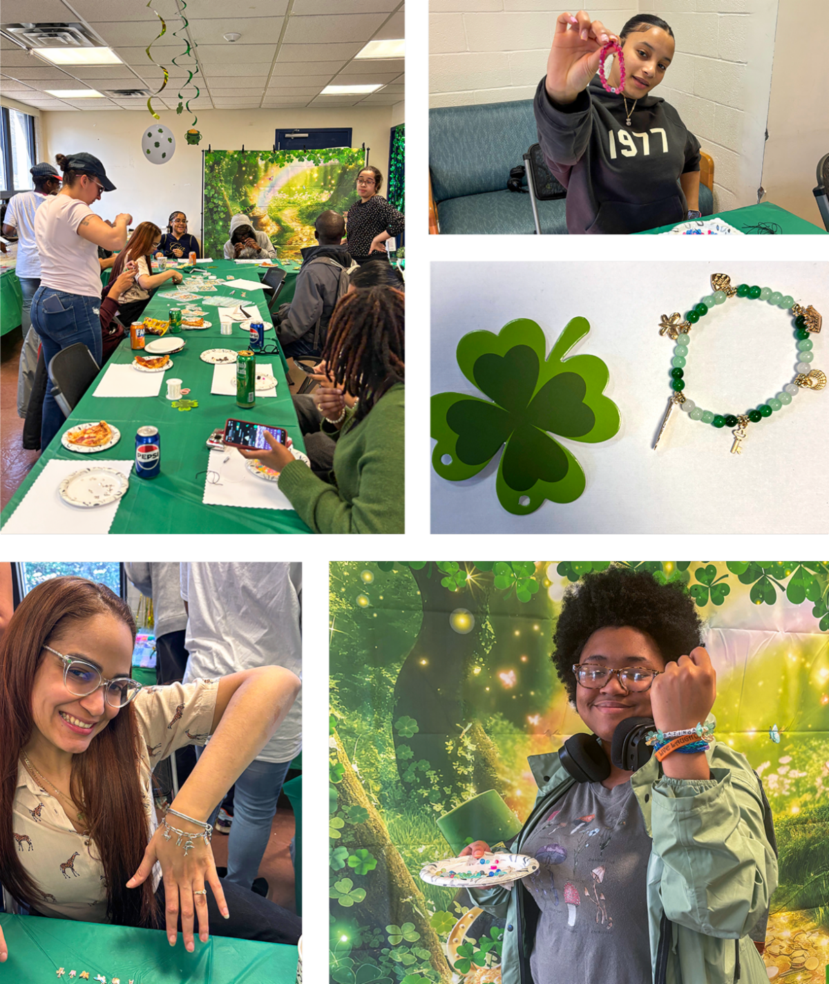 Green and shamrock-themed photos with students showing off their charm bracelets