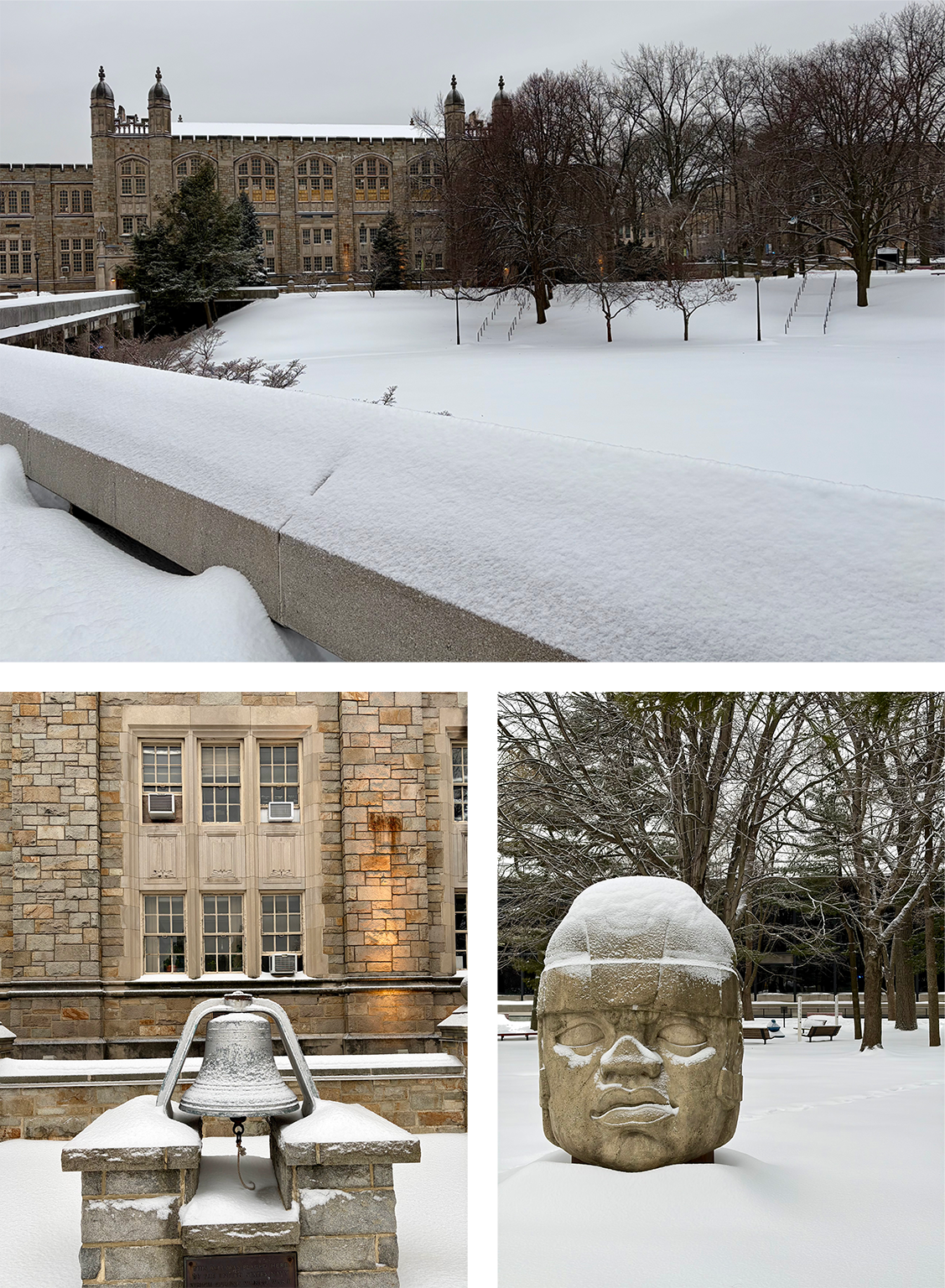 Beautiful pristine snow on campus quad bell and olmec head