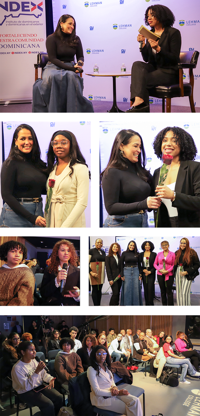 Collage of event photos including moderators being given a rose and group shots