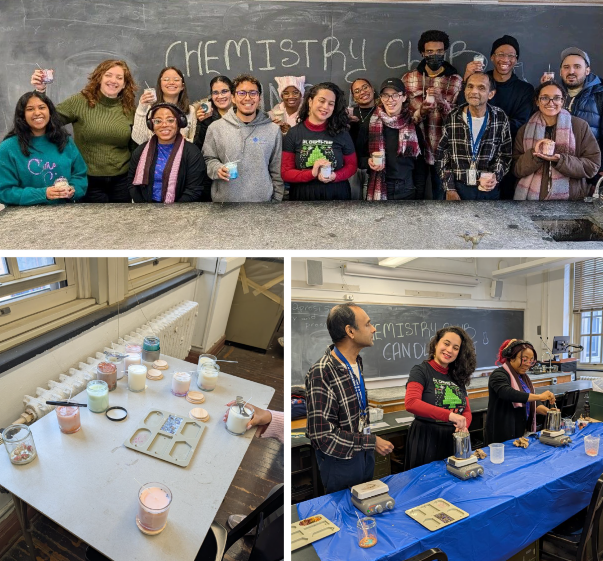 Collage of event photos including group shot and candle table