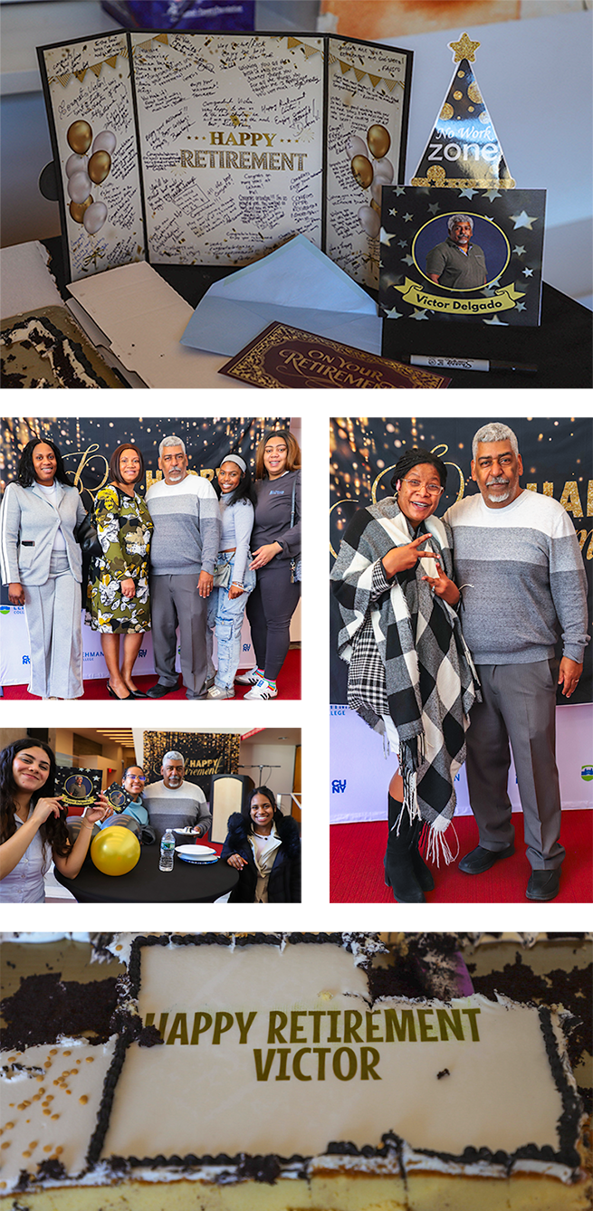 Retirement party collage including a cake