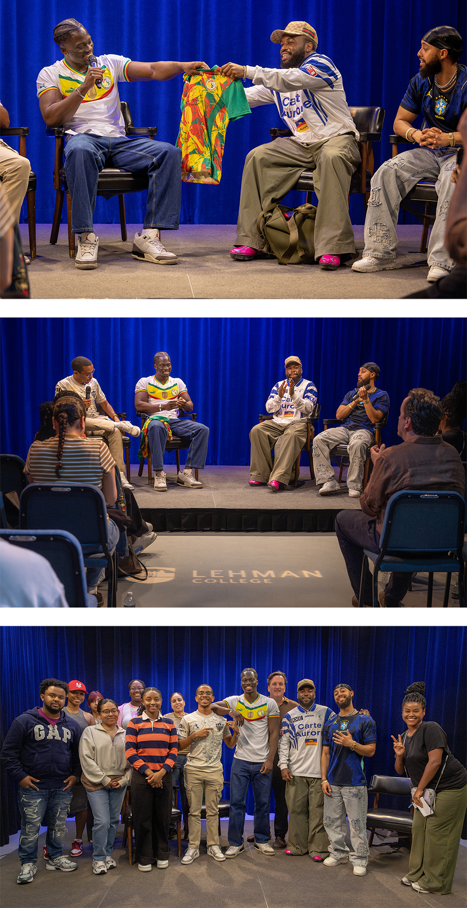Photo collage of athletics event on stage with blue curtain backdrop