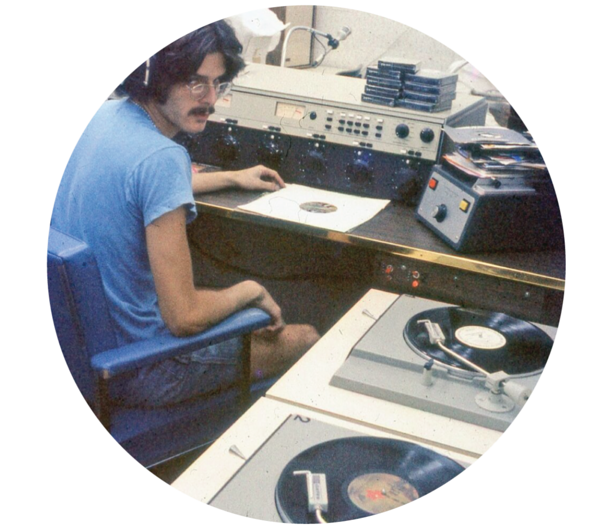 Retro photo of Axelbank at radio station with records