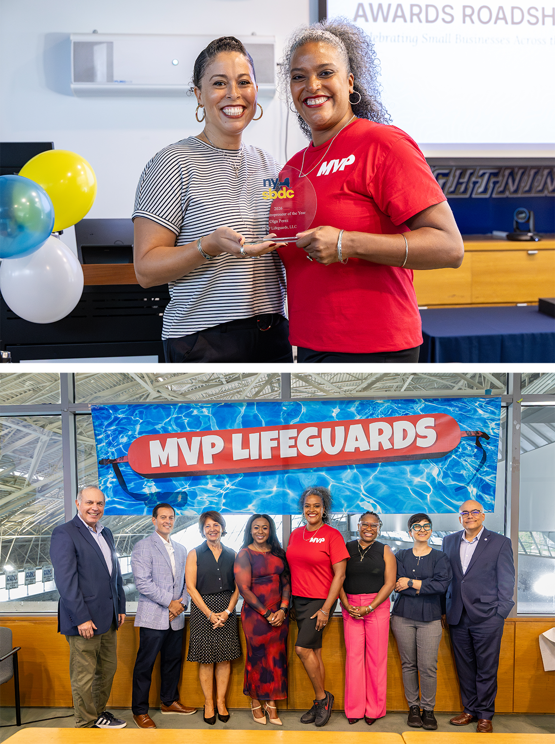 Collage of photos of the awardee and Lehman faculty with MVP Lifeguards Signage