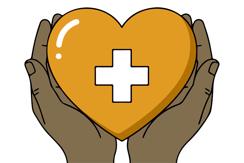 Graphic depicting hands holding a heart with medical symbol