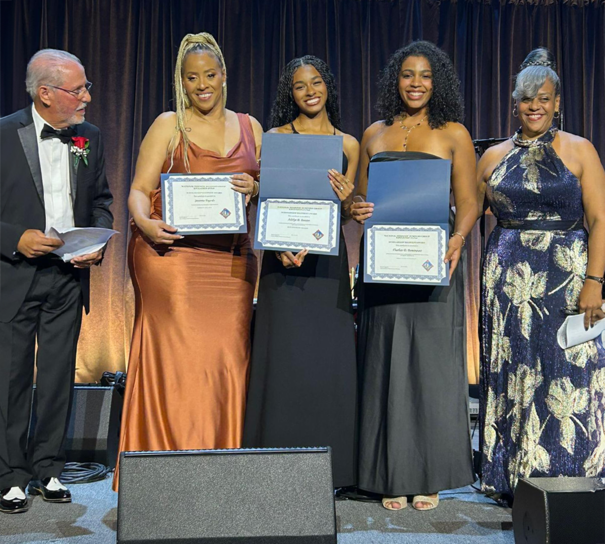 Group photo of three awardees including Jessenia Fajardo an English Honors student at Lehman College at the NHBG’s 38th Annual Gala at Cipriani Wall Street 