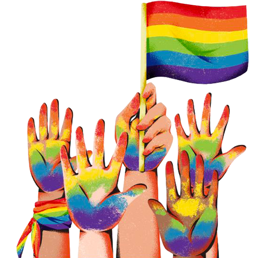 Rainbow hands and flag illustration